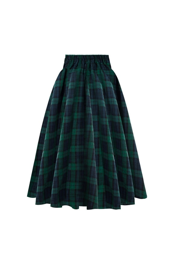Plaid Midi Skirt For Women Elastic Waist Flared Skirt Classic Preppy Holiday Skirts