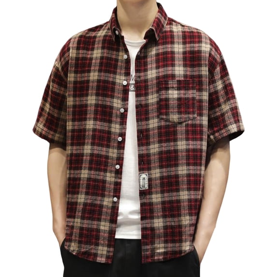 XIAONU Plaid Print Shirt for Men Short Sleeve Button Front Daily Tops