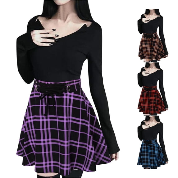 XIAONU Plaid Print Skirt For Women High Waist Lace Up Flared A Line Mini Skirt