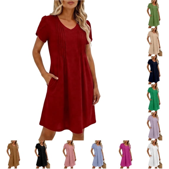 XIAONU Pleated V-Neck Dress for Women Short Sleeve Summer Daily Casual Short Dress
