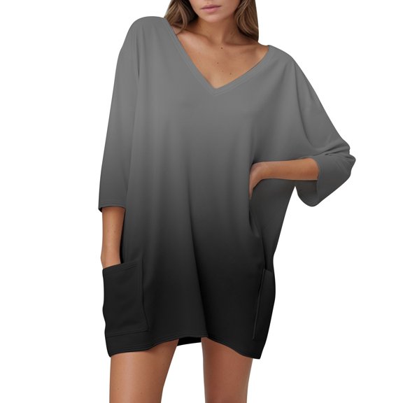 XIAONU Plus Size V Neck Loose Fit 7/8 Sleeve Casual T Shirt Women Summer Comfortable Basic Top