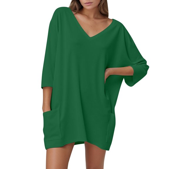 XIAONU Plus Size V Neck Loose Fit 7/8 Sleeve Casual T Shirt Women Summer Comfortable Basic Top