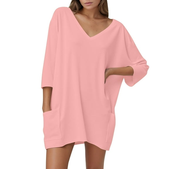 XIAONU Plus Size V Neck Loose Fit 7/8 Sleeve Casual T Shirt Women Summer Comfortable Basic Top