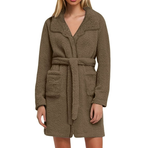 XIAONU Plush Bathrobe For Women Shawl Collar Belted Pocket Robe Loungewear Cozy Spa Bathrobe