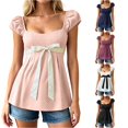 thumbnail image 1 of XIAONU Polka Dot Print Blouse for Women Square Neck Puff Sleeve Tie Waist Tunic Top, 1 of 4