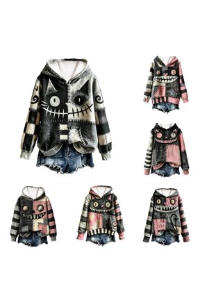 Pullover Hoodies for Women Halloween Face Patchwork Stitched Graphic Hooded Sweatshirt Cute Patchwork Design Hoodie