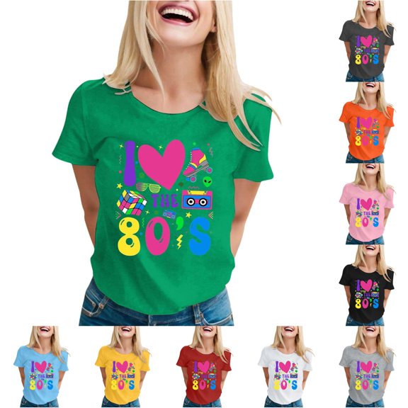 XIAONU Retro 80s Graphic Crew Neck T Shirt for Women Short Sleeve Casual Party Theme Wear Tee Top