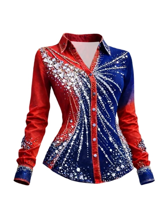 Rhinestone Western Shirt for Women Long Sleeve Button Down Country Concert Blouse Tops