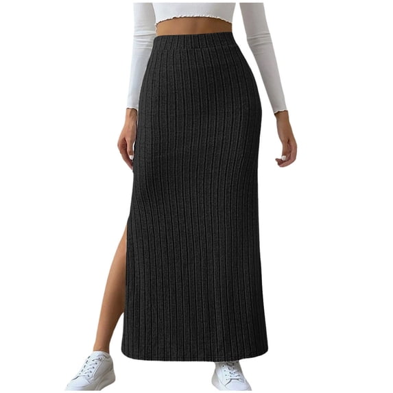 XIAONU Ribbed Knit Maxi Skirt For Women Corduroy Side Slit Casual Skirt Daily Commute Fall/Winter Long Skirt
