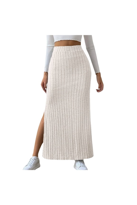 Ribbed Knit Maxi Skirt For Women Corduroy Side Slit Casual Skirt Daily Commute Fall/Winter Long Skirt