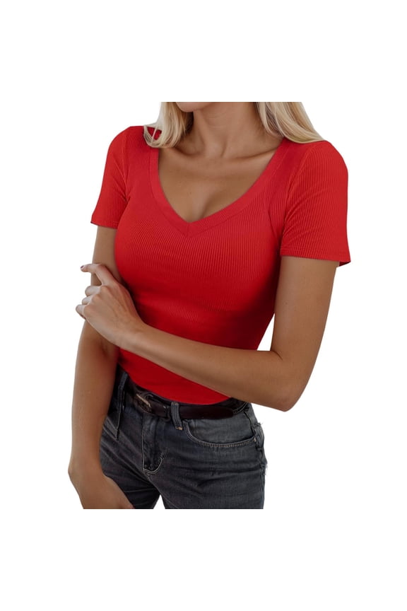 Ribbed Knit V Neck Tee Fitted Short Sleeve Slim Fit Lightweight Basic Casual Daily Wear T Shirts