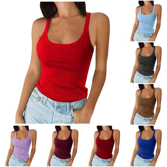 XIAONU Ribbed Wide Strap U Neck Tank Top for Women Fitted Casual Daily ...