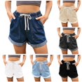thumbnail image 1 of XIAONU Rolled Hem Denim Shorts for Women Drawstring Waist Side Pockets Casual Wear Shorts, 1 of 6