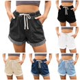 thumbnail image 1 of XIAONU Rolled Hem Denim Shorts for Women Drawstring Waist Side Pockets Casual Wear Shorts, 1 of 6