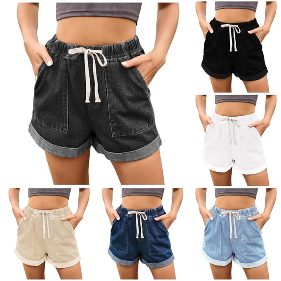XIAONU Rolled Hem Denim Shorts for Women Drawstring Waist Side Pockets Casual Wear Shorts