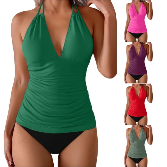XIAONU Ruched Halter Tankini Top for Women Solid Summer Pool Swim Separates