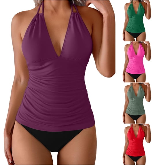 XIAONU Ruched Halter Tankini Top for Women Solid Summer Pool Swim Separates