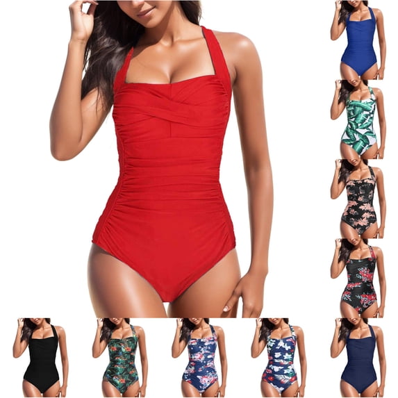 XIAONU Ruched Torso One Piece Swimsuit for Women Solid Summer Beach Swim Bodysuit