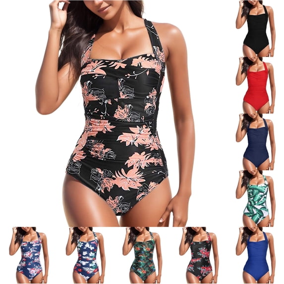 XIAONU Ruched Torso One Piece Swimsuit for Women Solid Summer Beach Swim Bodysuit