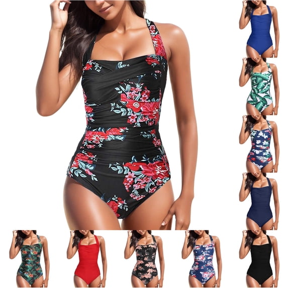 XIAONU Ruched Torso One Piece Swimsuit for Women Solid Summer Beach Swim Bodysuit