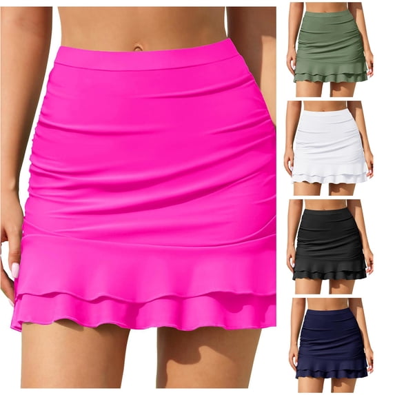 XIAONU Ruffled Hem Swim Skirt for Women Ruched Side Summer Pool Swim Skort
