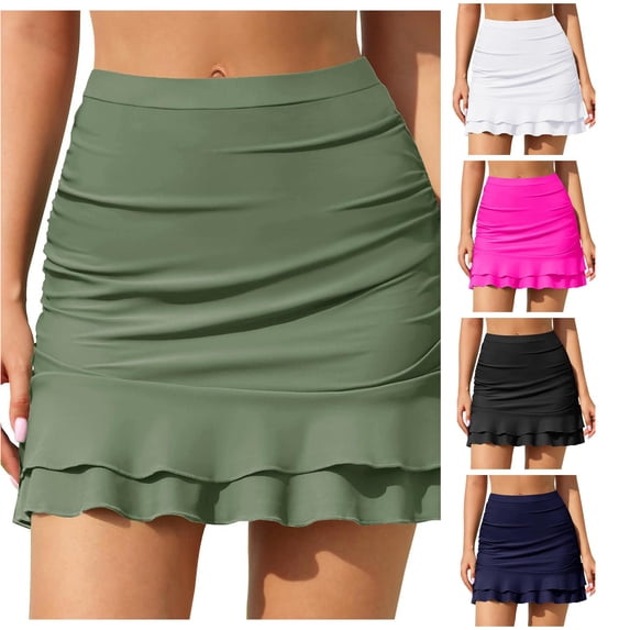 XIAONU Ruffled Hem Swim Skirt for Women Ruched Side Summer Pool Swim Skort