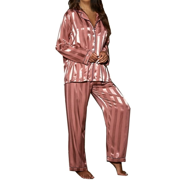 XIAONU Satin Striped Pajama Set for Women Button-Down Top & Pants Homewear Elegance Bedroom Sleepwear Set
