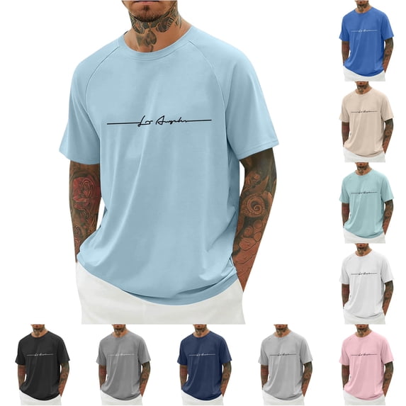 XIAONU Script Letter Print Raglan Crew Neck T Shirt for Men Loose Fit Casual Daily Street Short Sleeve Tee