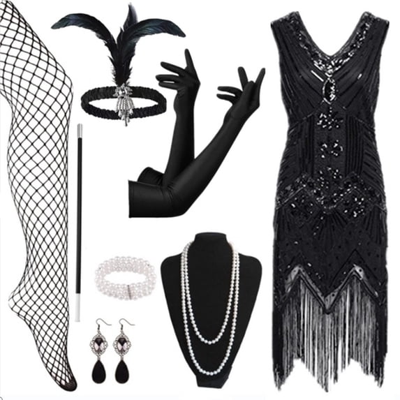 XIAONU Sequin Fringe Flapper Dress for Women s Gatsby Party Set with Gloves Headpiece Necklace