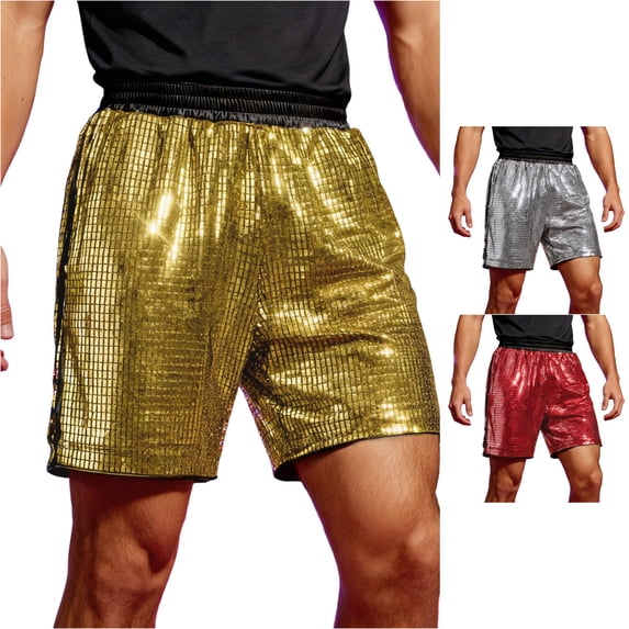 XIAONU Sequin Grid Shorts for Men Elastic Waist Side Pockets Casual Shorts