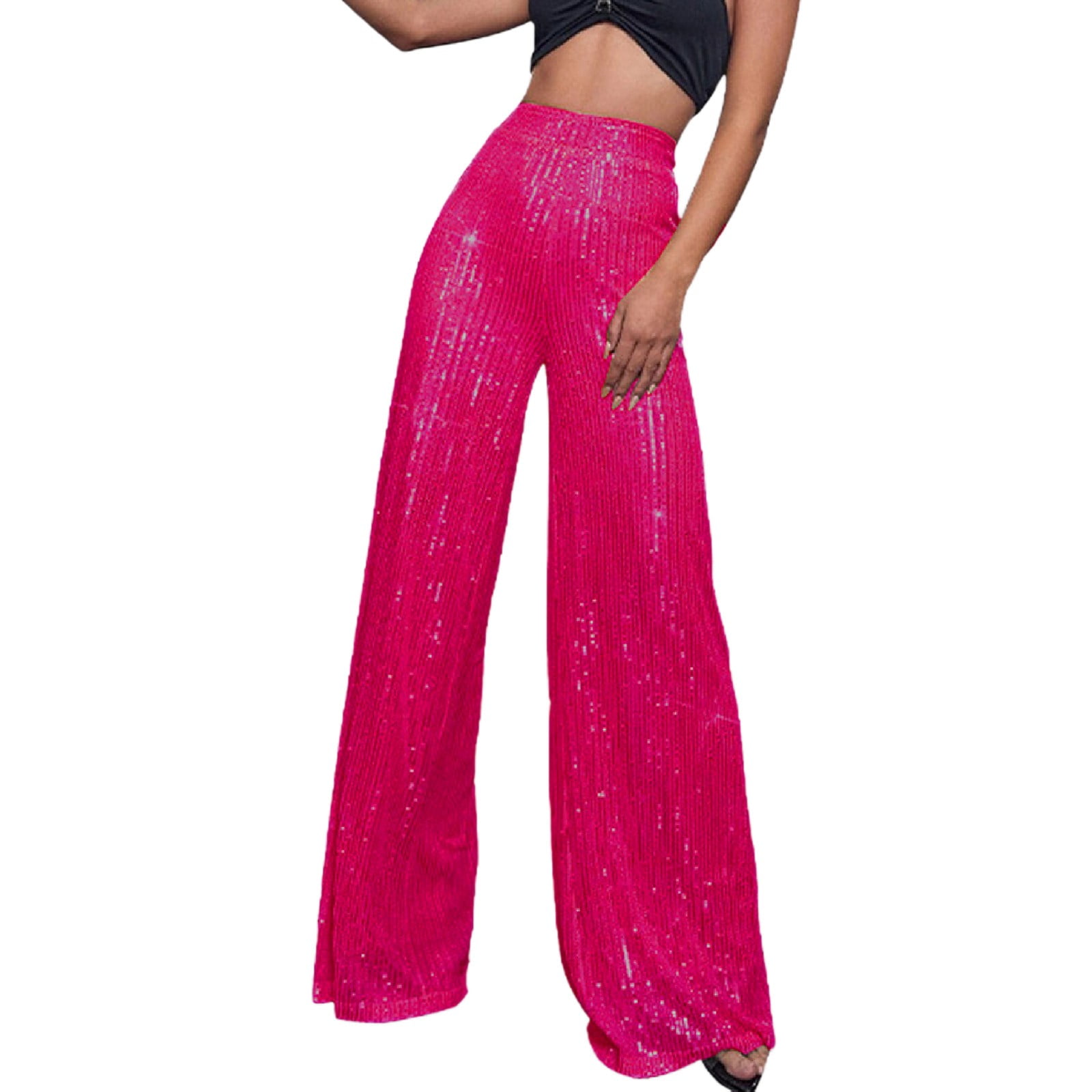 XIAONU Sequin High Waist Pants for Women Glitter Pleated Wide Leg