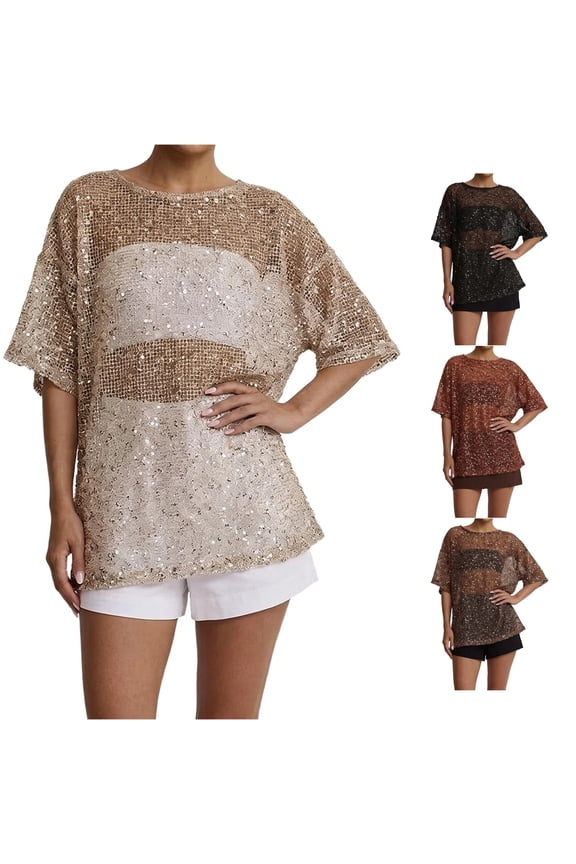 Sequin Mesh Sheer Top For Women Oversized Loose Fit Lightweight Club Going Out Blouses