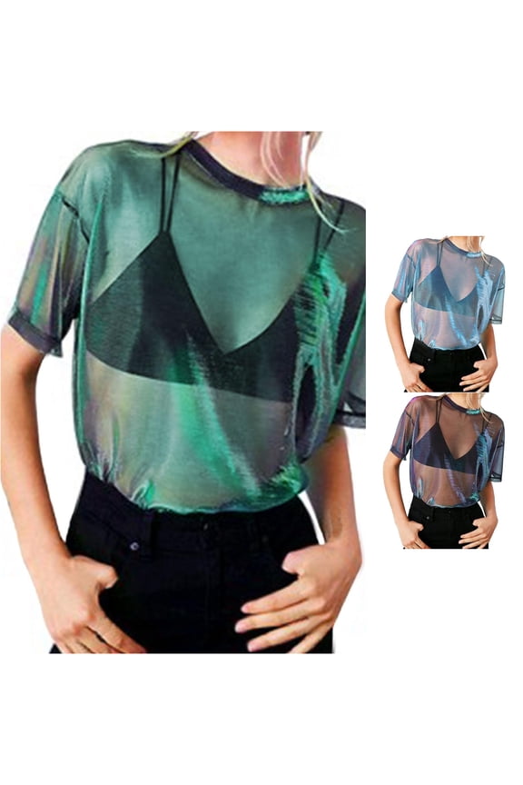 Sheer Mesh See Through Tee For Women Round Neck Loose Fit Beach Daily Blouses