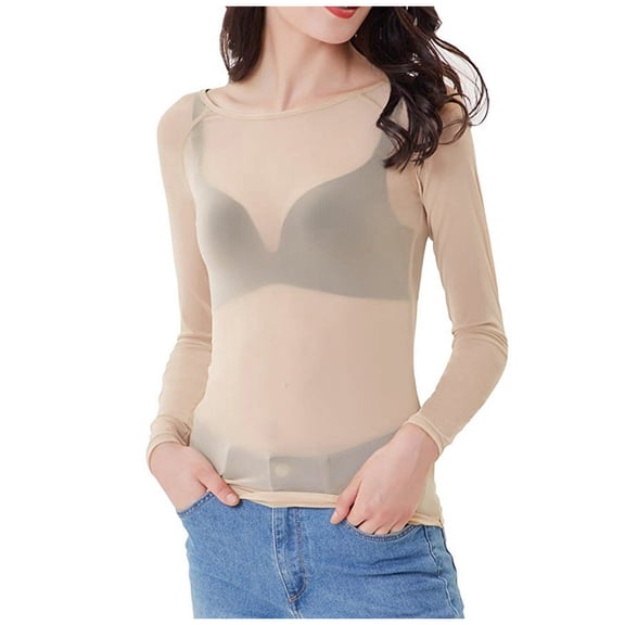 XIAONU Sheer Mesh Tee for Women Long Sleeve Crewneck Shirt Solid Color Lightweight Sheer Layered Evening Tops