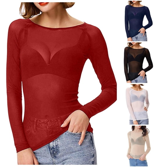 XIAONU Sheer Mesh Tees for Women Long Sleeve Crew Neck Layering Basic T Shirts