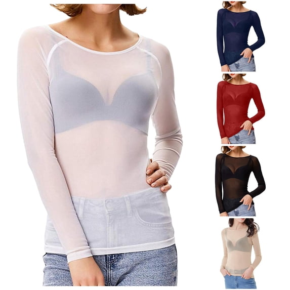 XIAONU Sheer Mesh Tees for Women Long Sleeve Crew Neck Layering Basic T Shirts