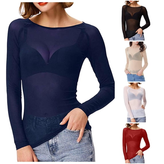 XIAONU Sheer Mesh Tees for Women Long Sleeve Crew Neck Layering Basic T Shirts