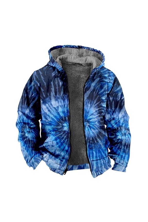 Sherpa Lined Hoodies For Men Tie Dye Print Full Zip Hoodie Warm Winter Outdoor Jacket