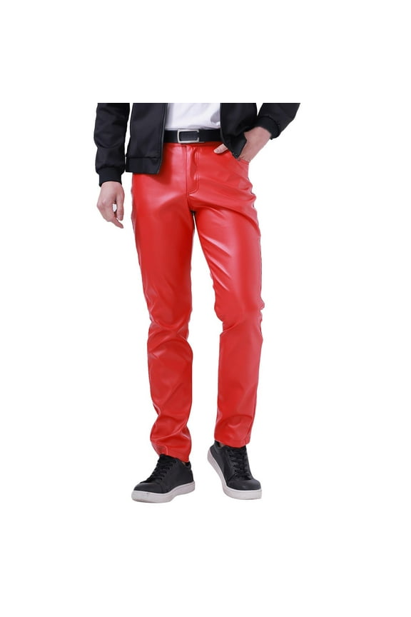 Shiny Leather Pants for Men Glossy Pu Button Skinny Pants Stretchy Trendy Outdoor Workout Pants