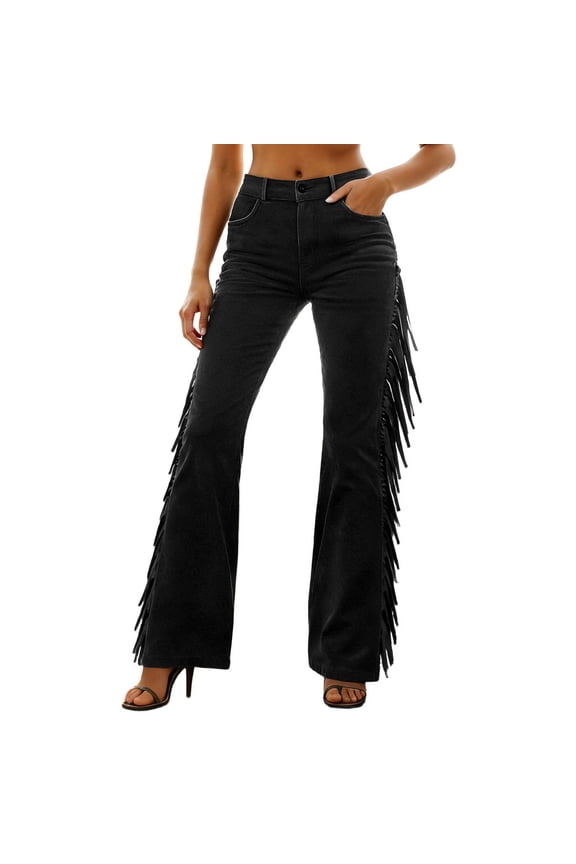 Side Fringe Flare Jeans for Women High Waist Western Cowboy Party Night Trousers