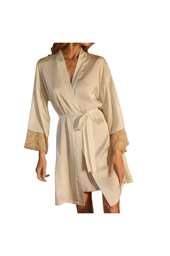 XIAONU Silky Satin Robe For Women's Contrast Lace Cuff Kimono Wrap Loungewear Elegant Bedroom Bathrobe