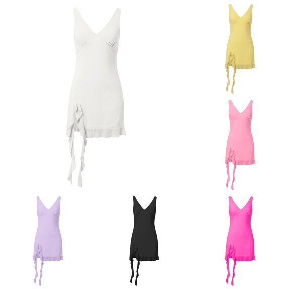 XIAONU Sleeveless Wrap Dress For Women Ruffle Hem Asymmetrical Slim Mini Dress
