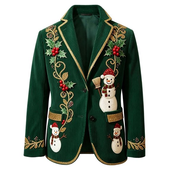 XIAONU Snowman Holly Blazer for Men Christmas Gold Corduroy Festive Slim Fit Party Sport Coat
