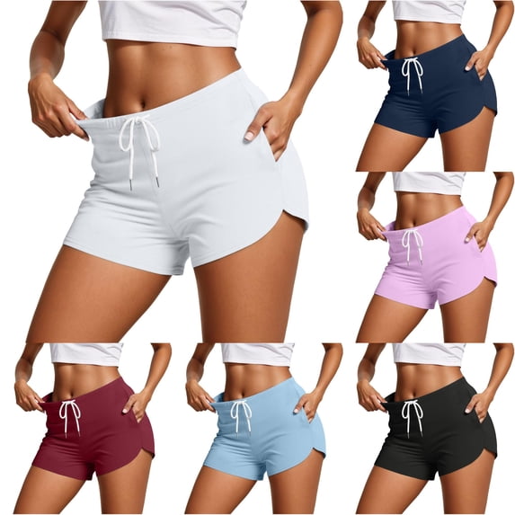 XIAONU Solid Athletic Shorts for Women Drawstring Waist Stretch Side Pockets Shorts