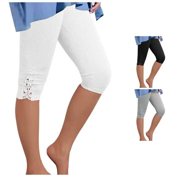 XIAONU Solid Capri Leggings for Women Lace Stretch Fit Bottoms