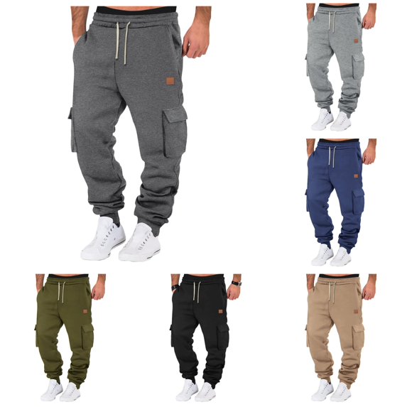 XIAONU Solid Cargo Jogger Pants for Men Drawstring Waist Multi Pockets Pants