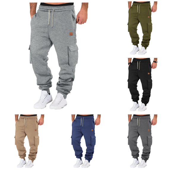 XIAONU Solid Cargo Jogger Pants for Men Drawstring Waist Multi Pockets Pants