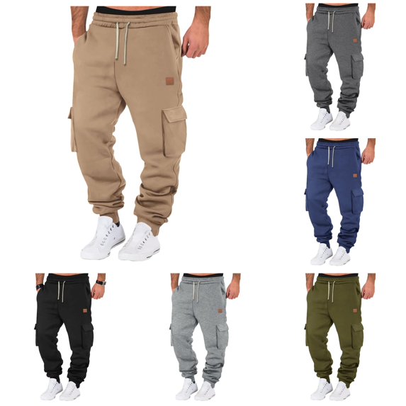 XIAONU Solid Cargo Jogger Pants for Men Drawstring Waist Multi Pockets Pants
