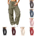 thumbnail image 1 of XIAONU Solid Cargo Pants for Womens Elastic Drawstring Waist Toggle Side Pockets Long Trousers, 1 of 6