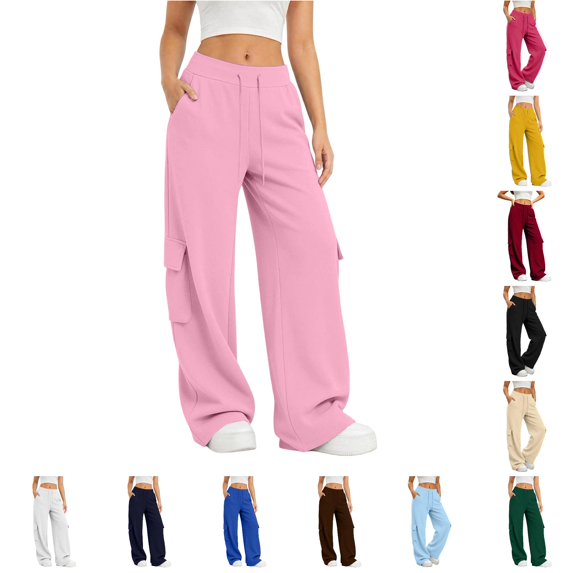XIAONU Solid Cargo Wide Leg Pants for Womens Drawstring Waist Flap Side Pockets Sport Trousers